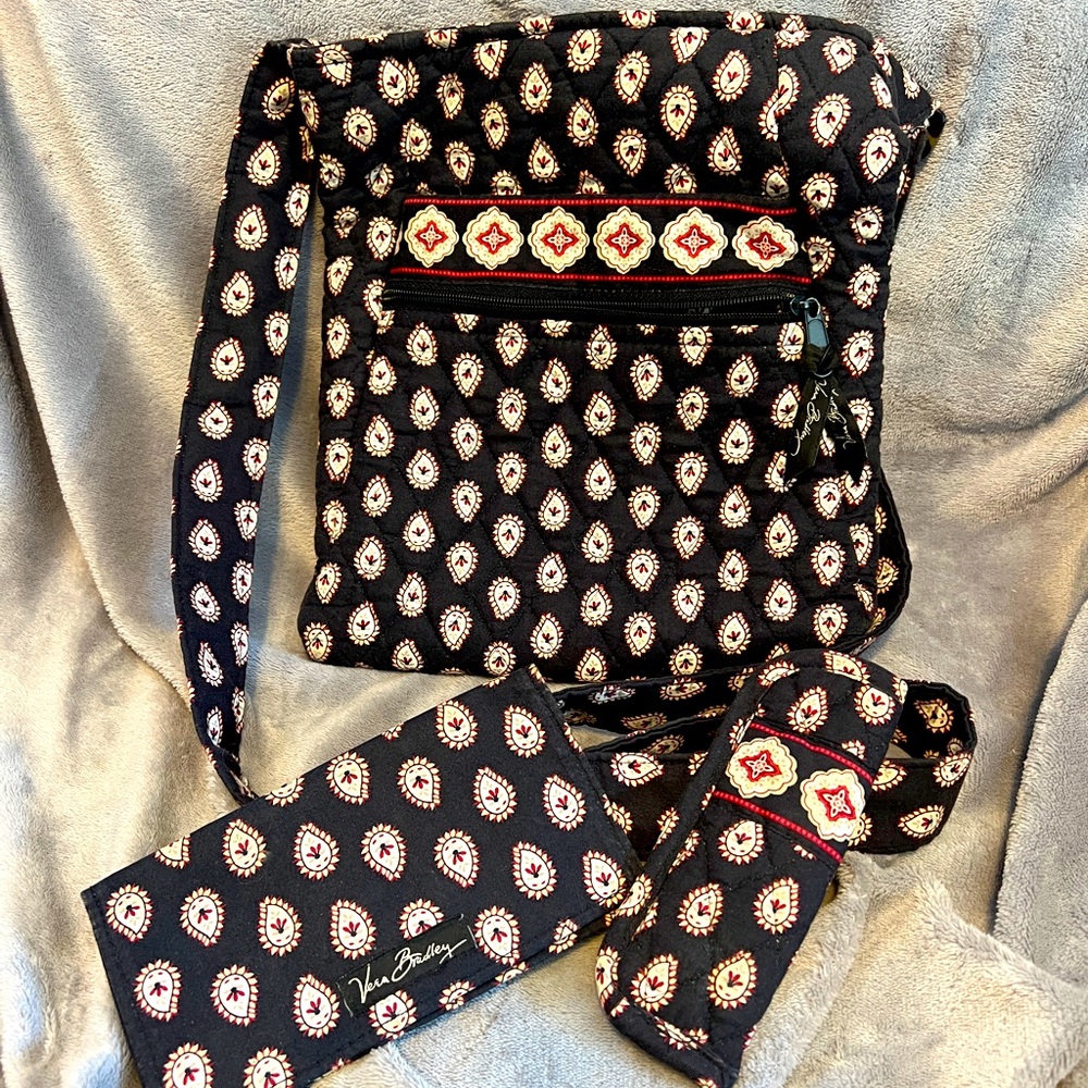 Vera Bradley Classic Black Quilted Paisley Cross Body Bag, wallet, lipstick case